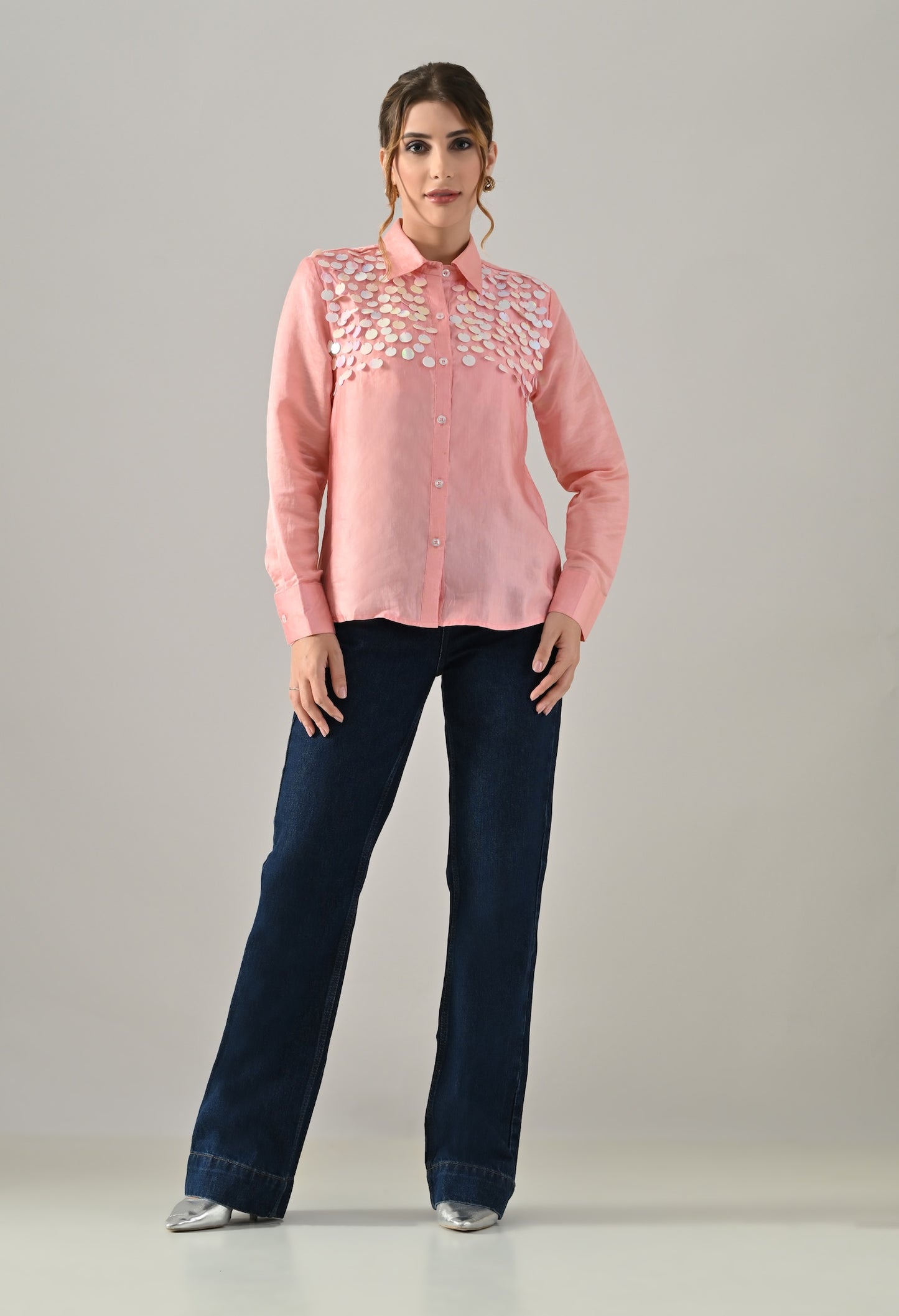 Pink organza shirt with sequence detailed embroidery