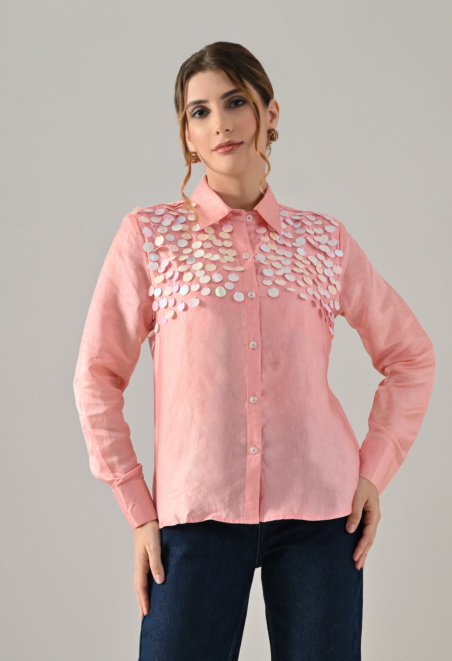 Pink organza shirt with sequence detailed embroidery
