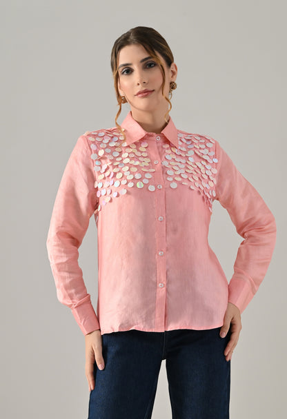 Pink organza shirt with sequence detailed embroidery
