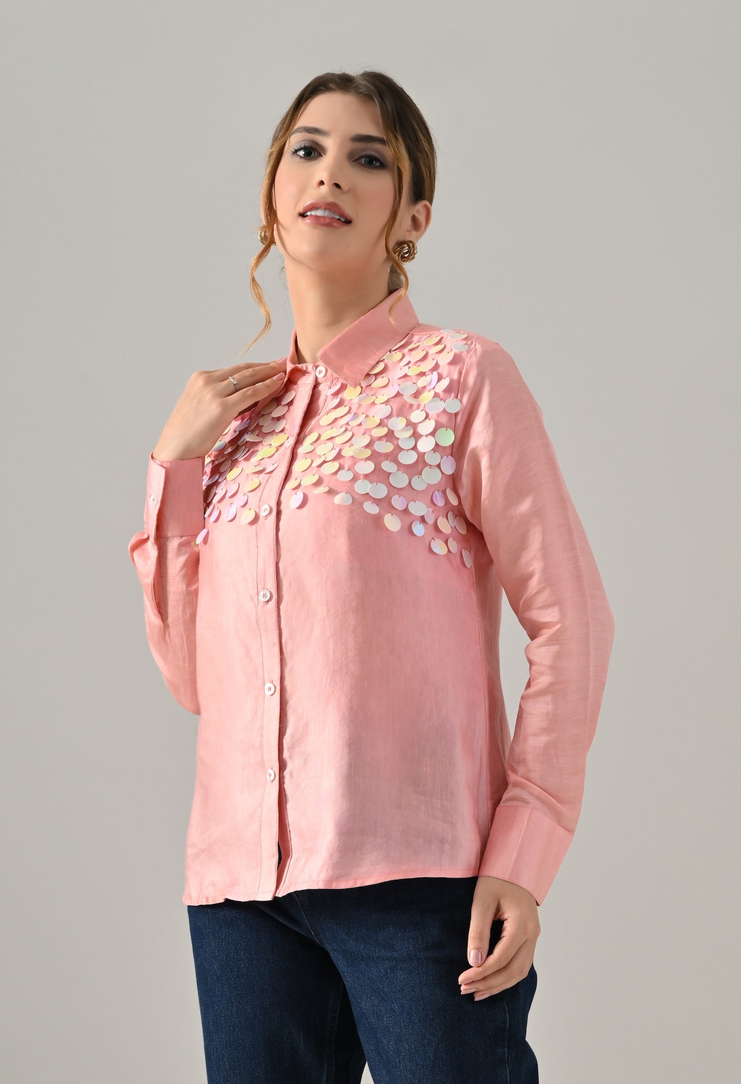 Pink organza shirt with sequence detailed embroidery
