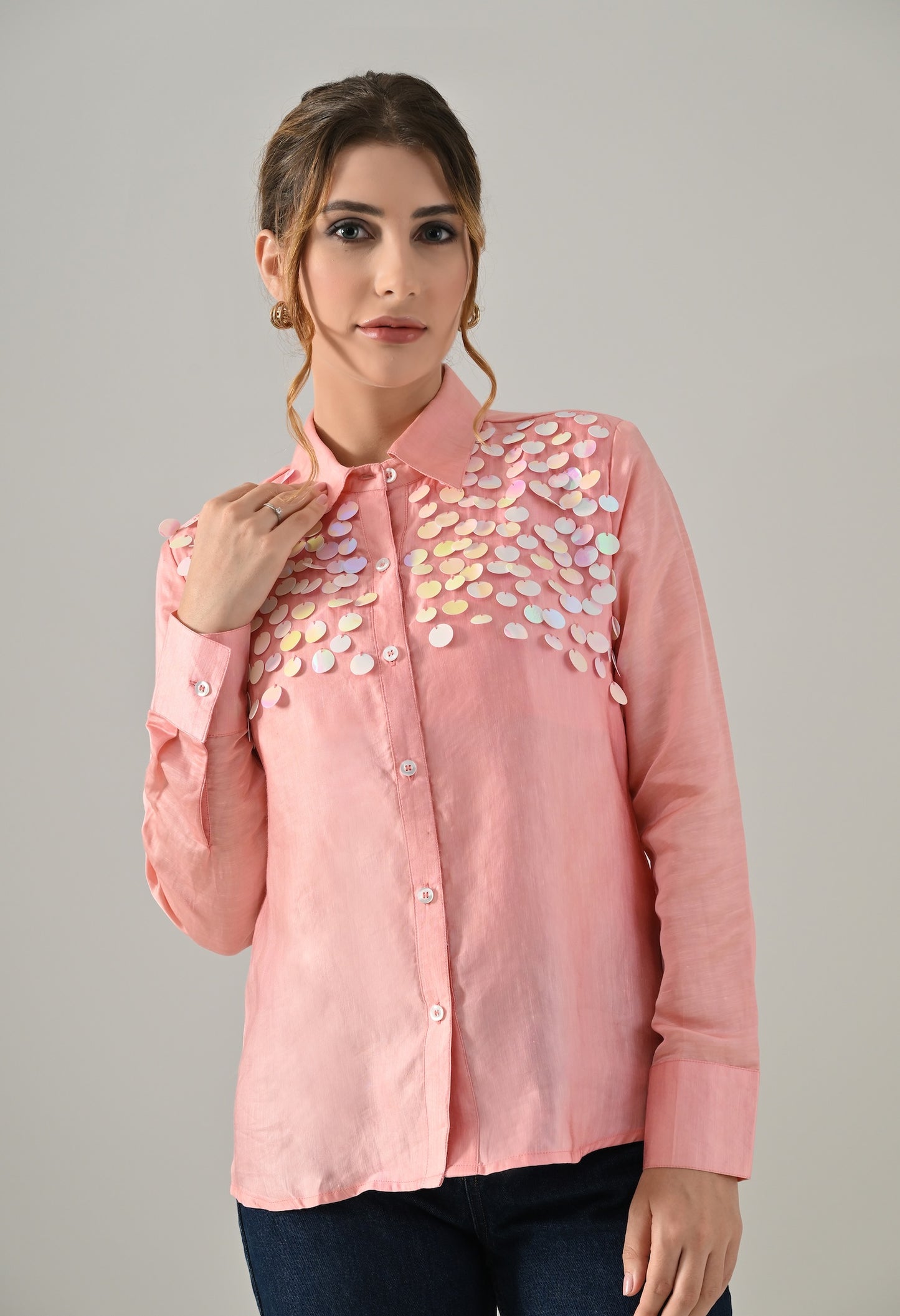 Pink organza shirt with sequence detailed embroidery