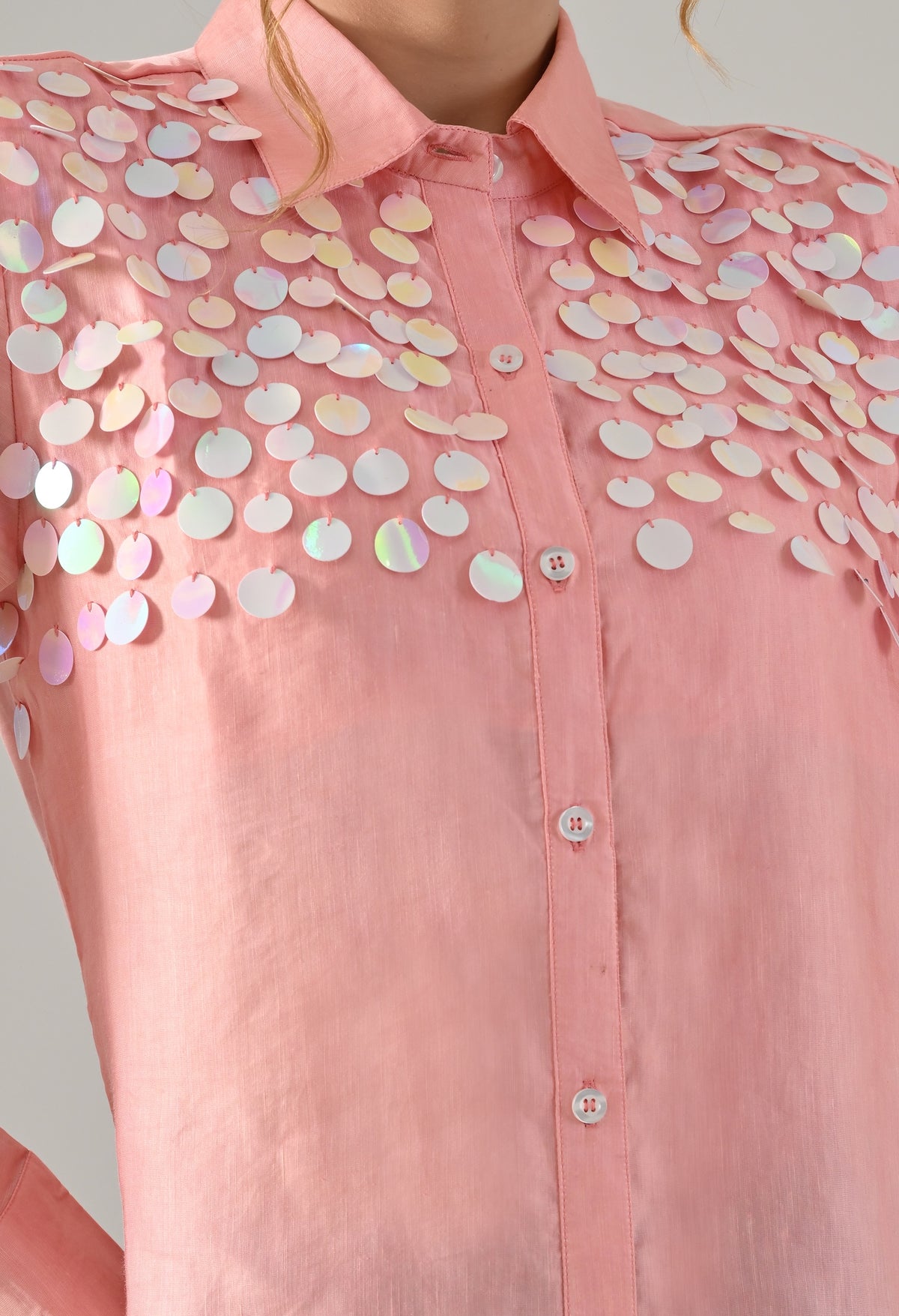 Pink organza shirt with sequence detailed embroidery