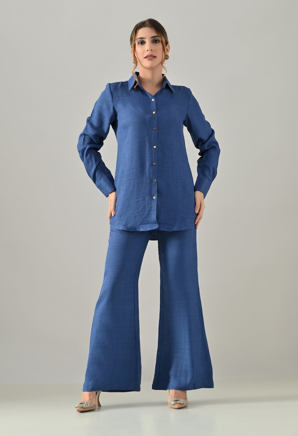 Co-ord set with flared pants and golden buttons