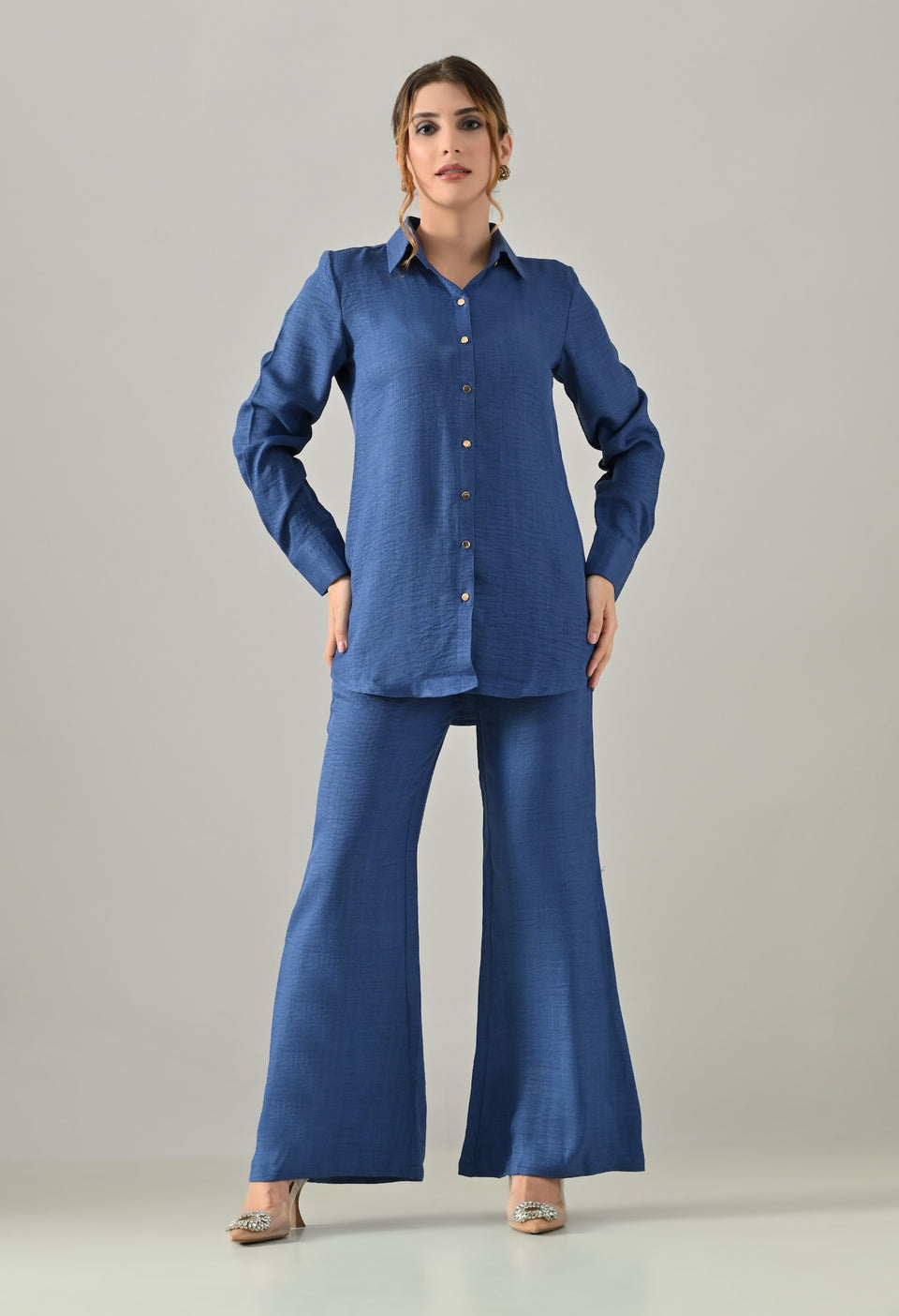 Co-ord set with flared pants and golden buttons