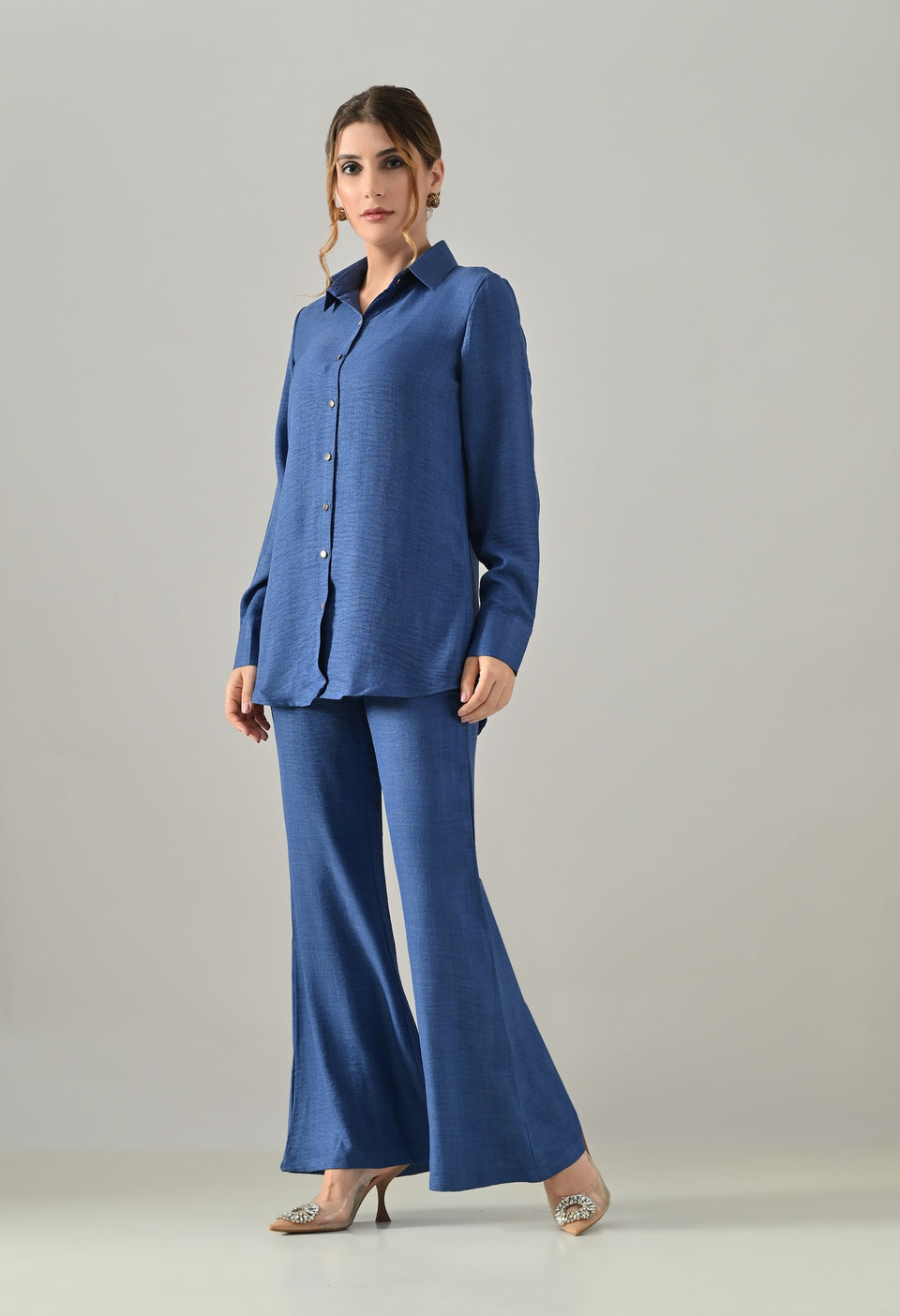 Co-ord set with flared pants and golden buttons