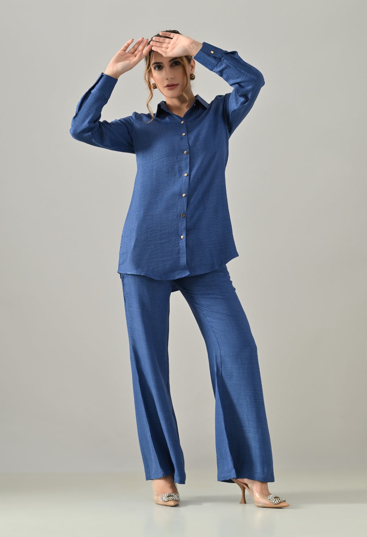 Co-ord set with flared pants and golden buttons