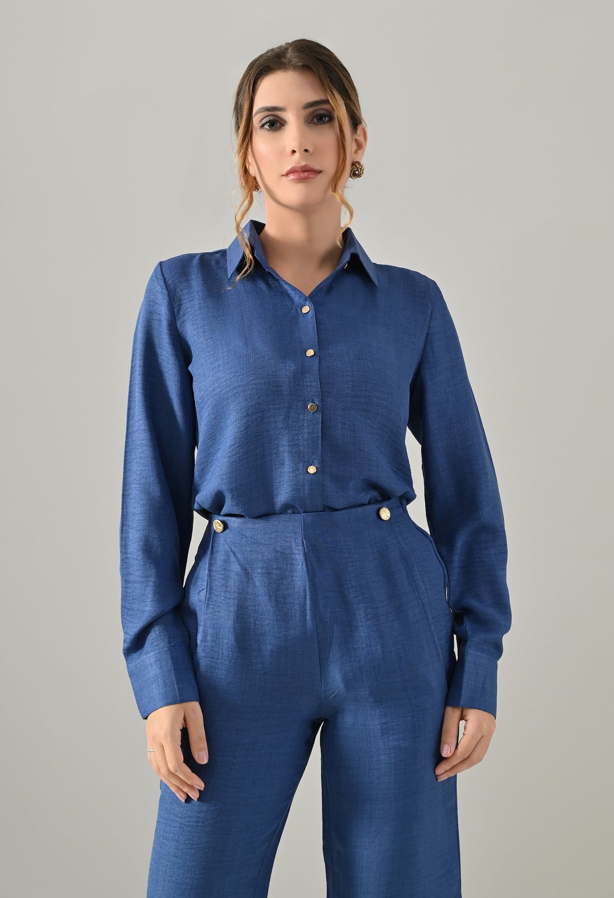 Co-ord set with flared pants and golden buttons