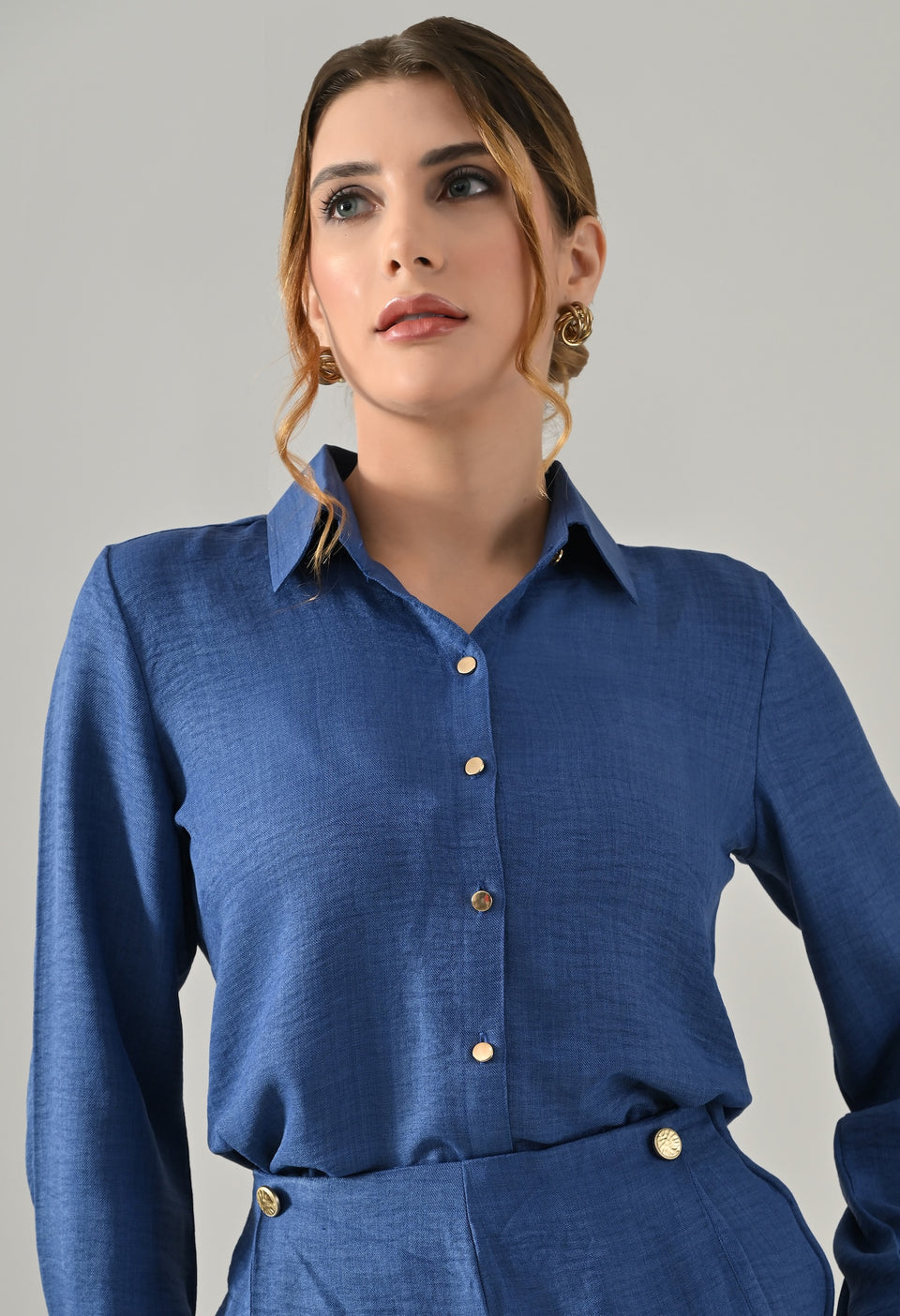 Co-ord set with flared pants and golden buttons