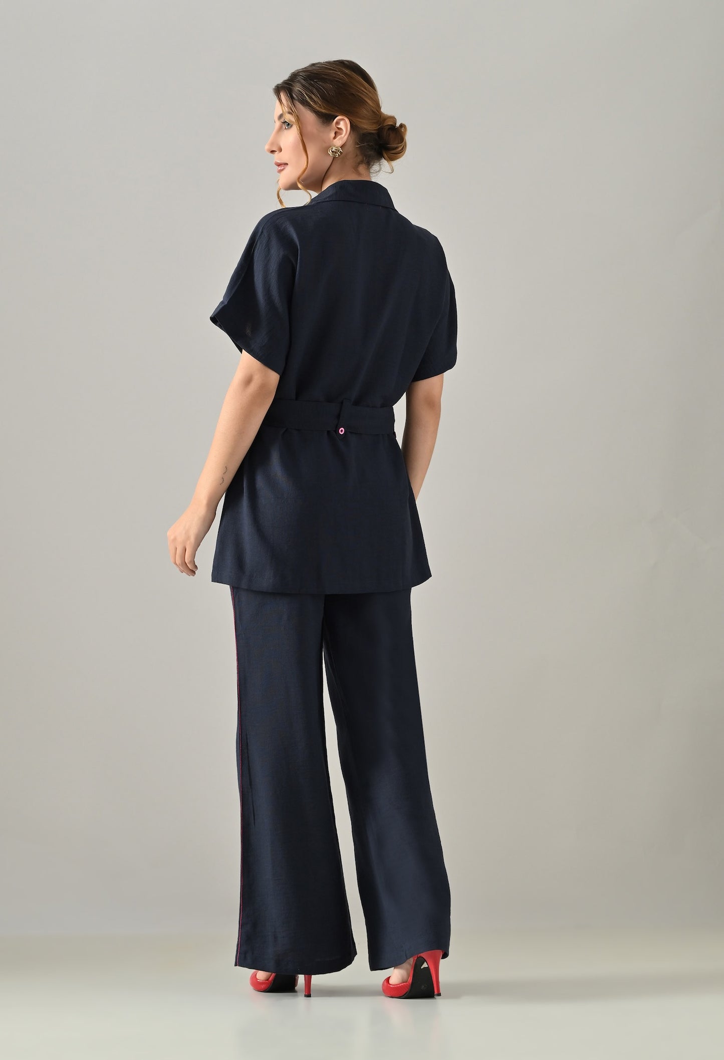 Blue Co-ord set with pink highlights, belt and flared trousers