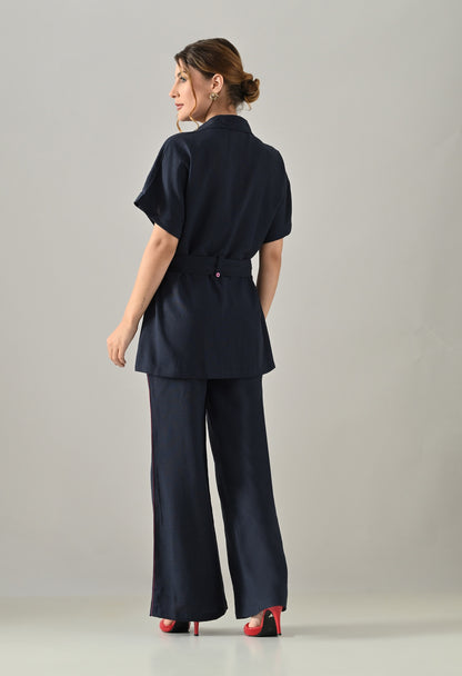 Blue Co-ord set with pink highlights, belt and flared trousers