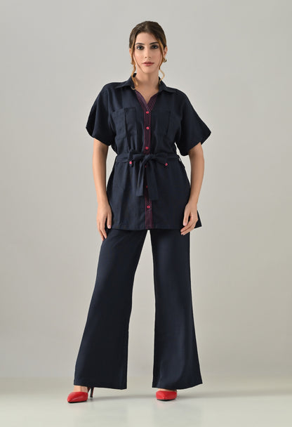 Blue Co-ord set with pink highlights, belt and flared trousers