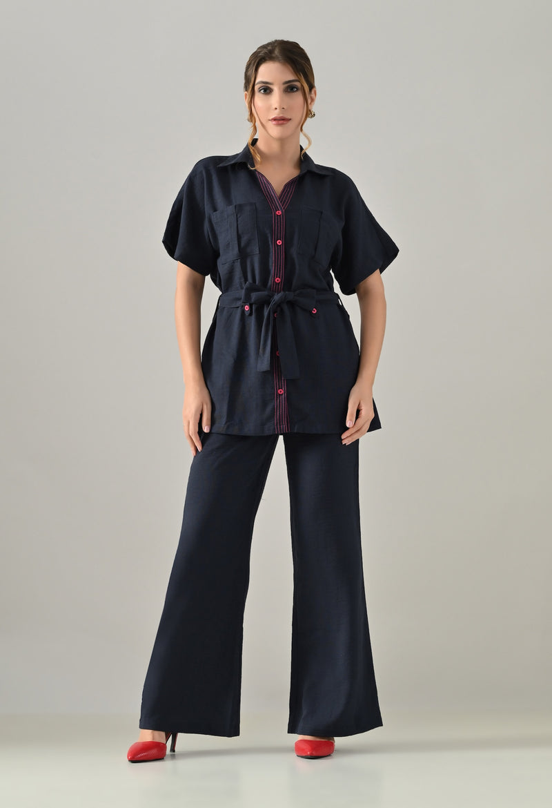 Blue Co-ord set with pink highlights, belt and flared trousers