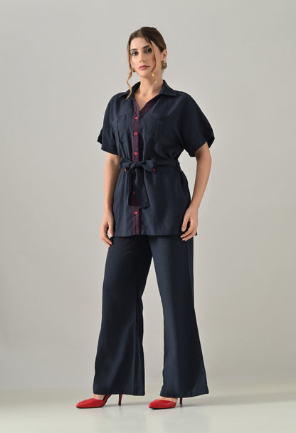 Blue Co-ord set with pink highlights, belt and flared trousers