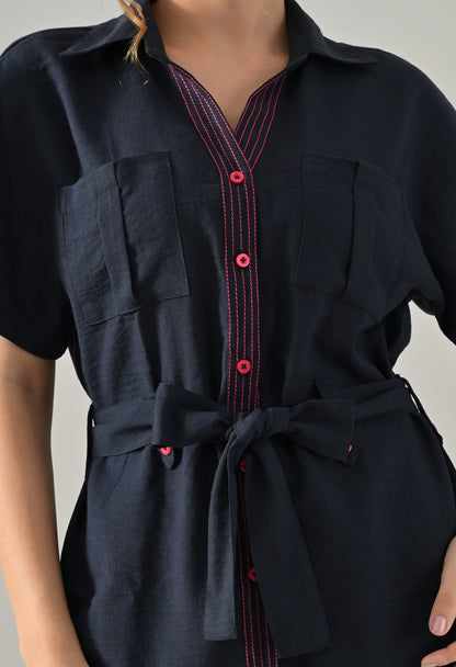 Blue Co-ord set with pink highlights, belt and flared trousers