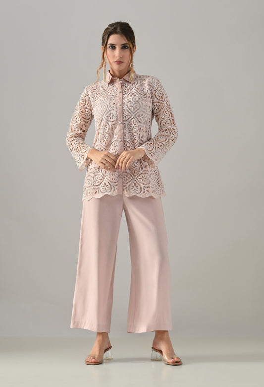 Peach lace cutwork top with flared pants