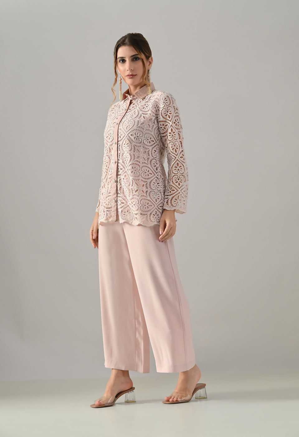 Peach lace cutwork top with flared pants