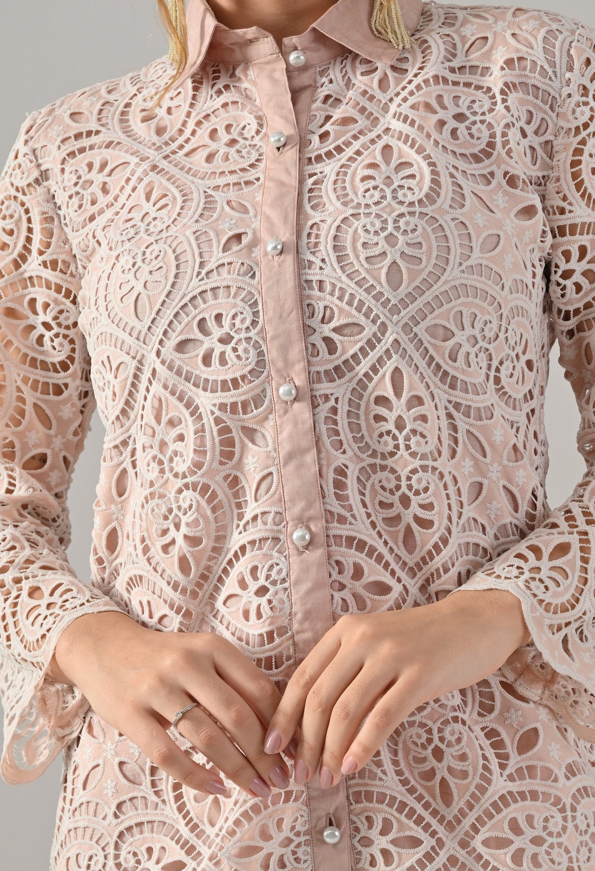 Peach lace cutwork top with flared pants