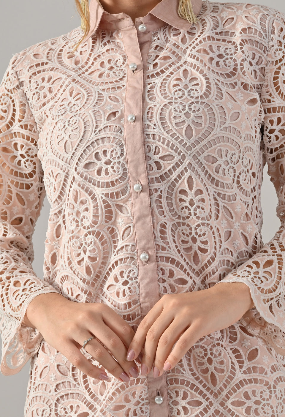 Peach lace cutwork top with flared pants
