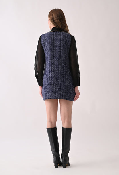 Blue tweed midi dress with black organza bow shirt