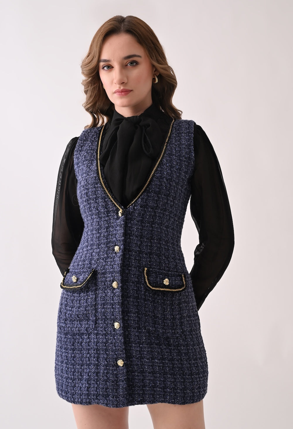Blue tweed midi dress with black organza bow shirt