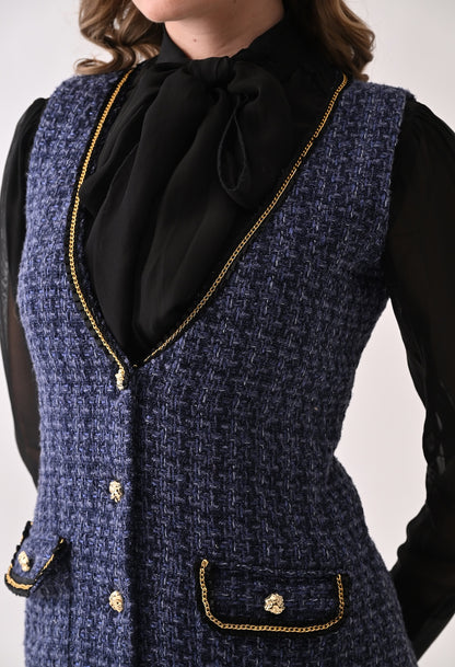 Blue tweed midi dress with black organza bow shirt