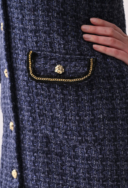 Blue tweed midi dress with black organza bow shirt