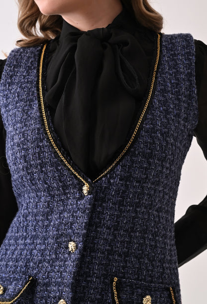 Blue tweed midi dress with black organza bow shirt