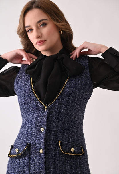 Blue tweed midi dress with black organza bow shirt