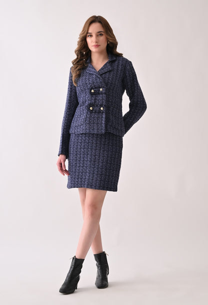 Blue tweed double breast blazer and skirt set