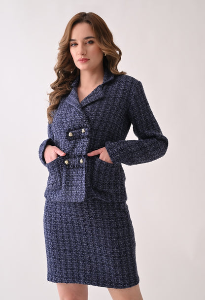 Blue tweed double breast blazer and skirt set