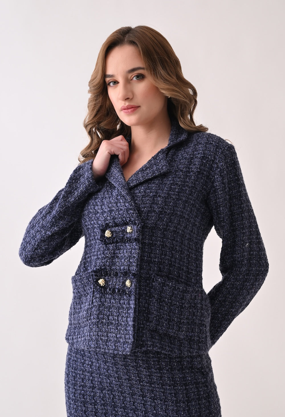 Blue tweed double breast blazer and skirt set