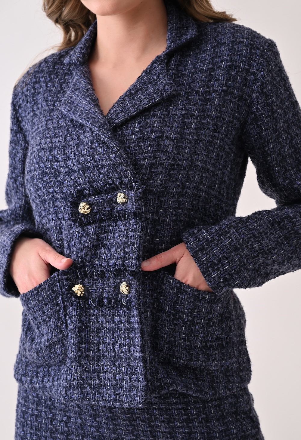 Blue tweed double breast blazer and skirt set