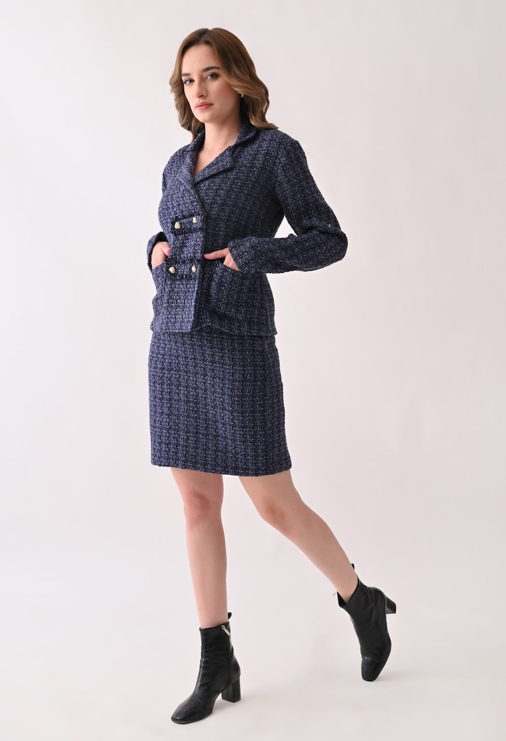 Blue tweed double breast blazer and skirt set