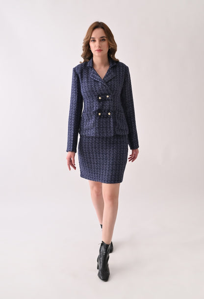 Blue tweed double breast blazer and skirt set