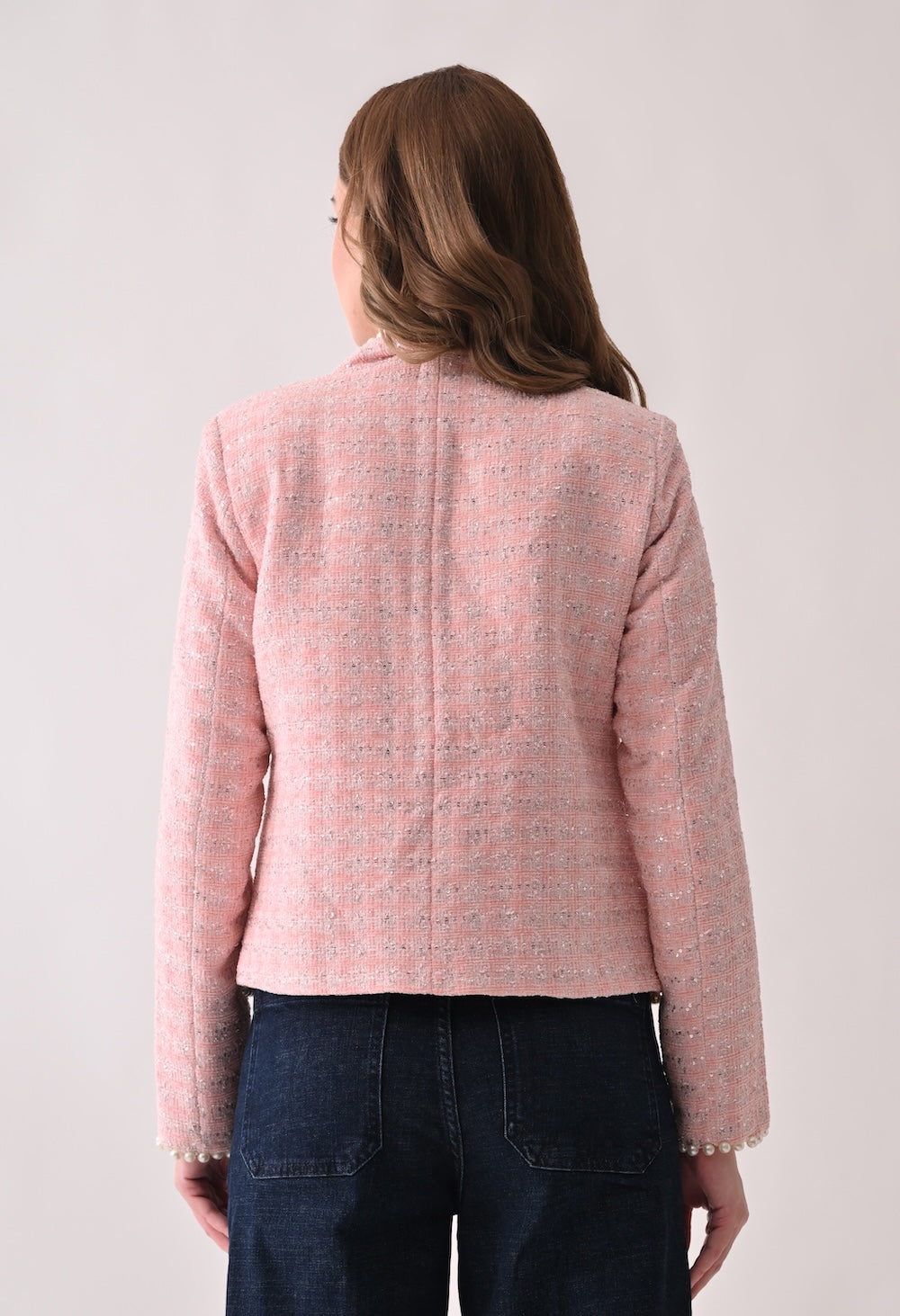 Pink tweed jacket with pearl trim
