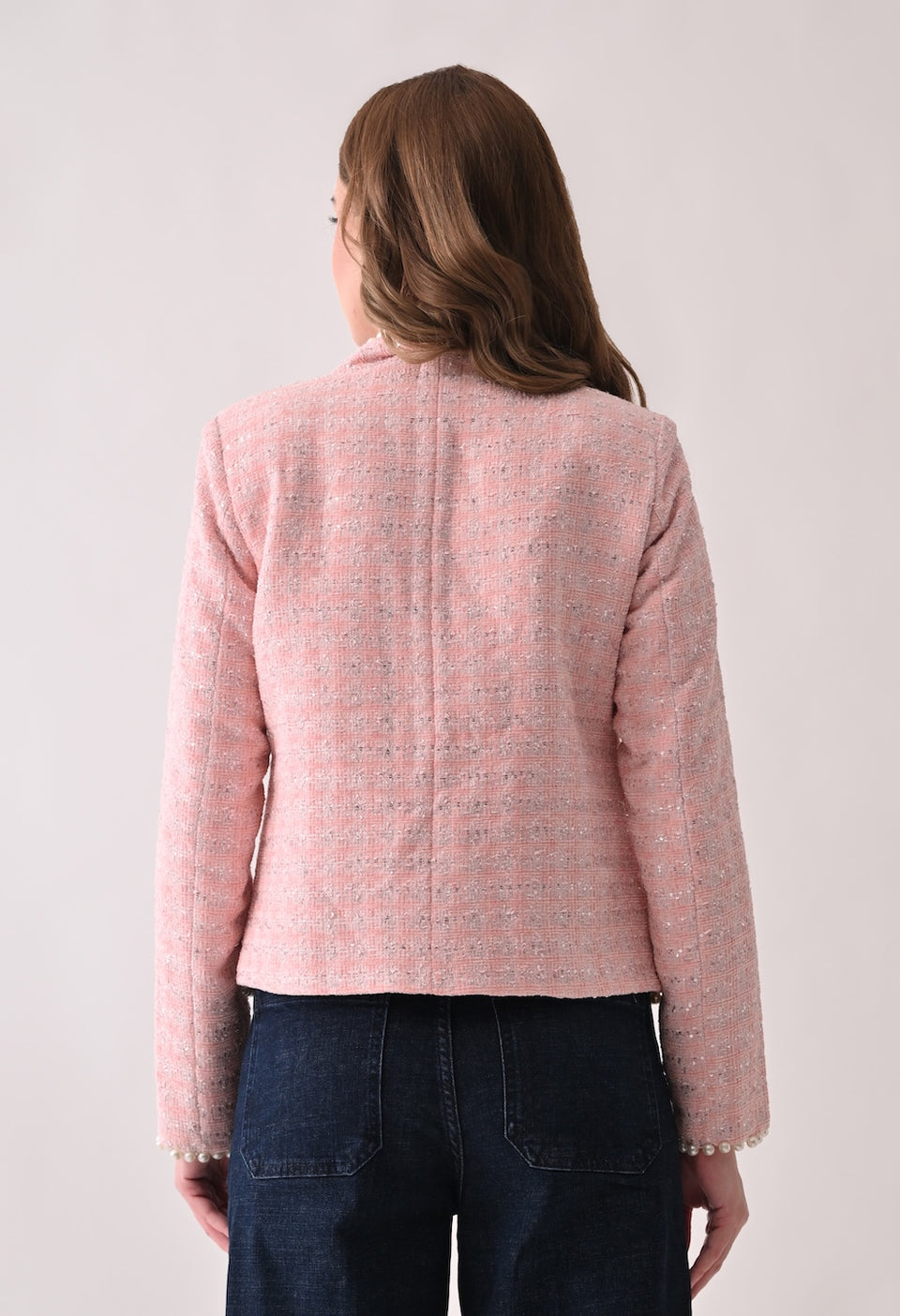 Pink tweed jacket with pearl trim