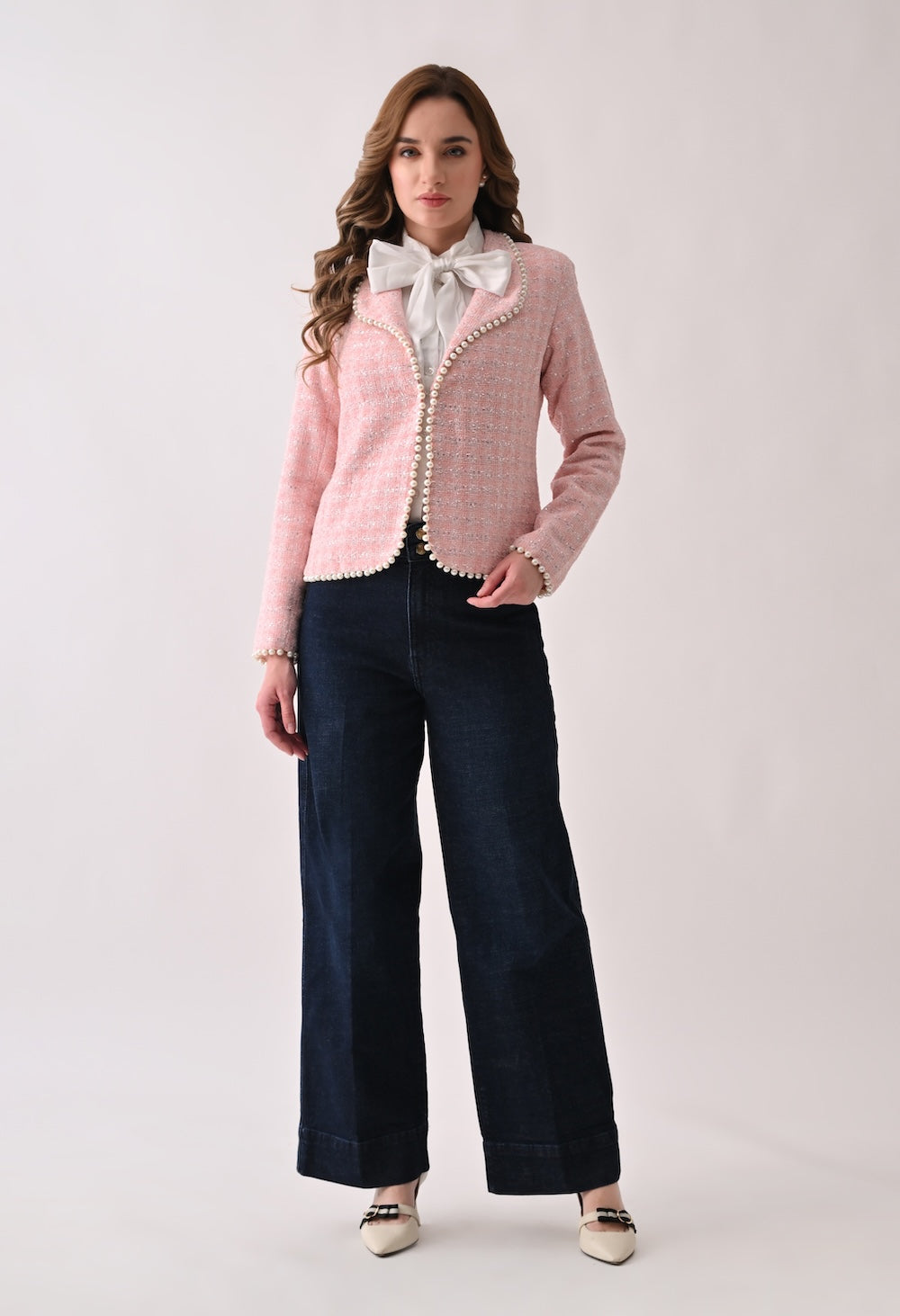 Pink tweed jacket with pearl trim
