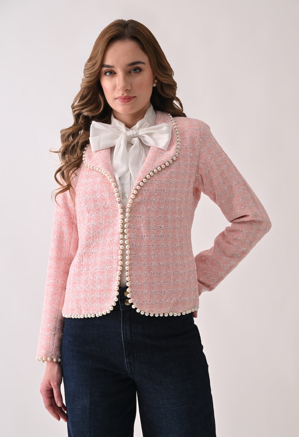 Pink tweed jacket with pearl trim