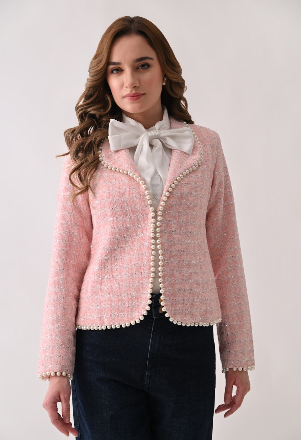 Pink tweed jacket with pearl trim