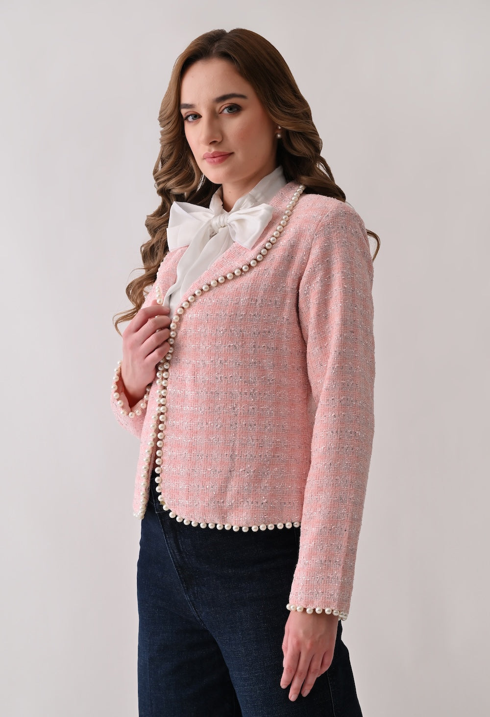 Pink tweed jacket with pearl trim