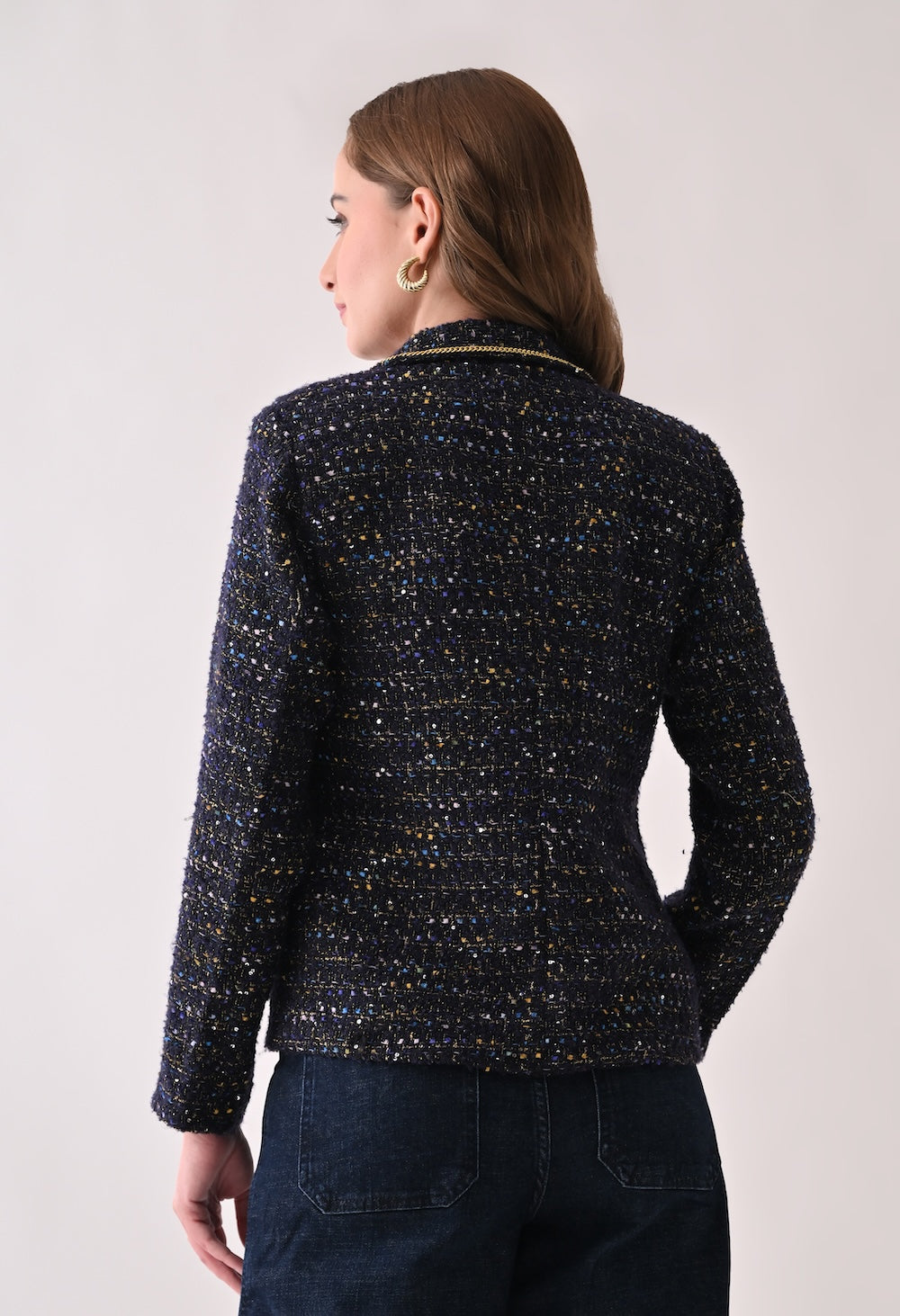 Blue tweed with sequins and chain detailed blazer
