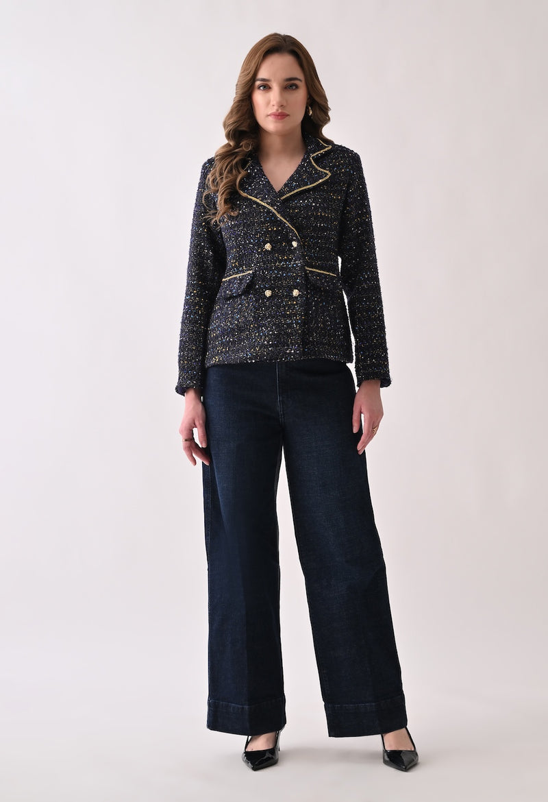 Blue tweed with sequins and chain detailed blazer