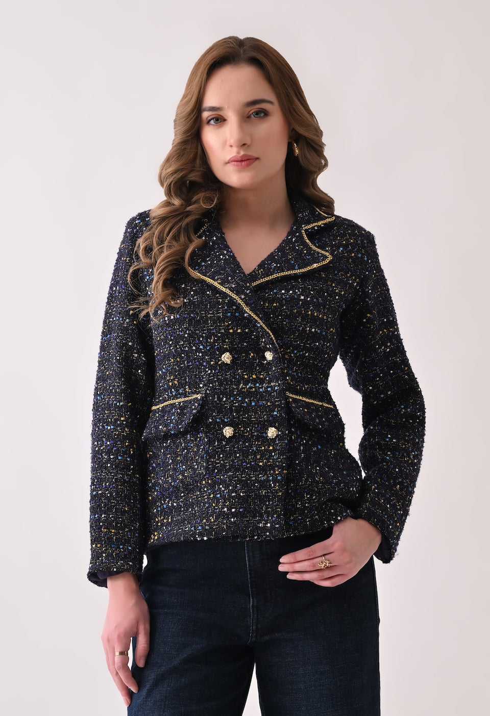 Blue tweed with sequins and chain detailed blazer