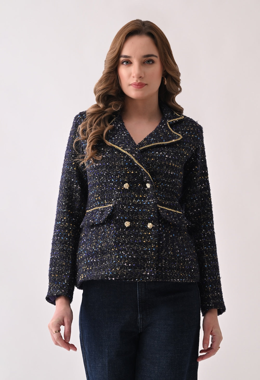 Blue tweed with sequins and chain detailed blazer