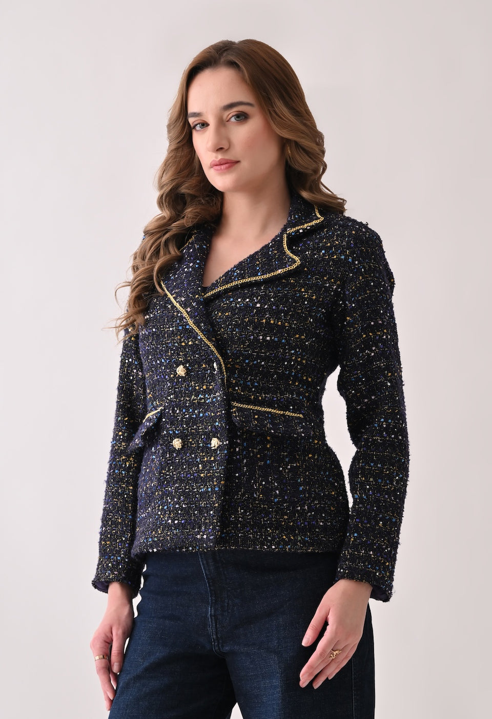 Blue tweed with sequins and chain detailed blazer