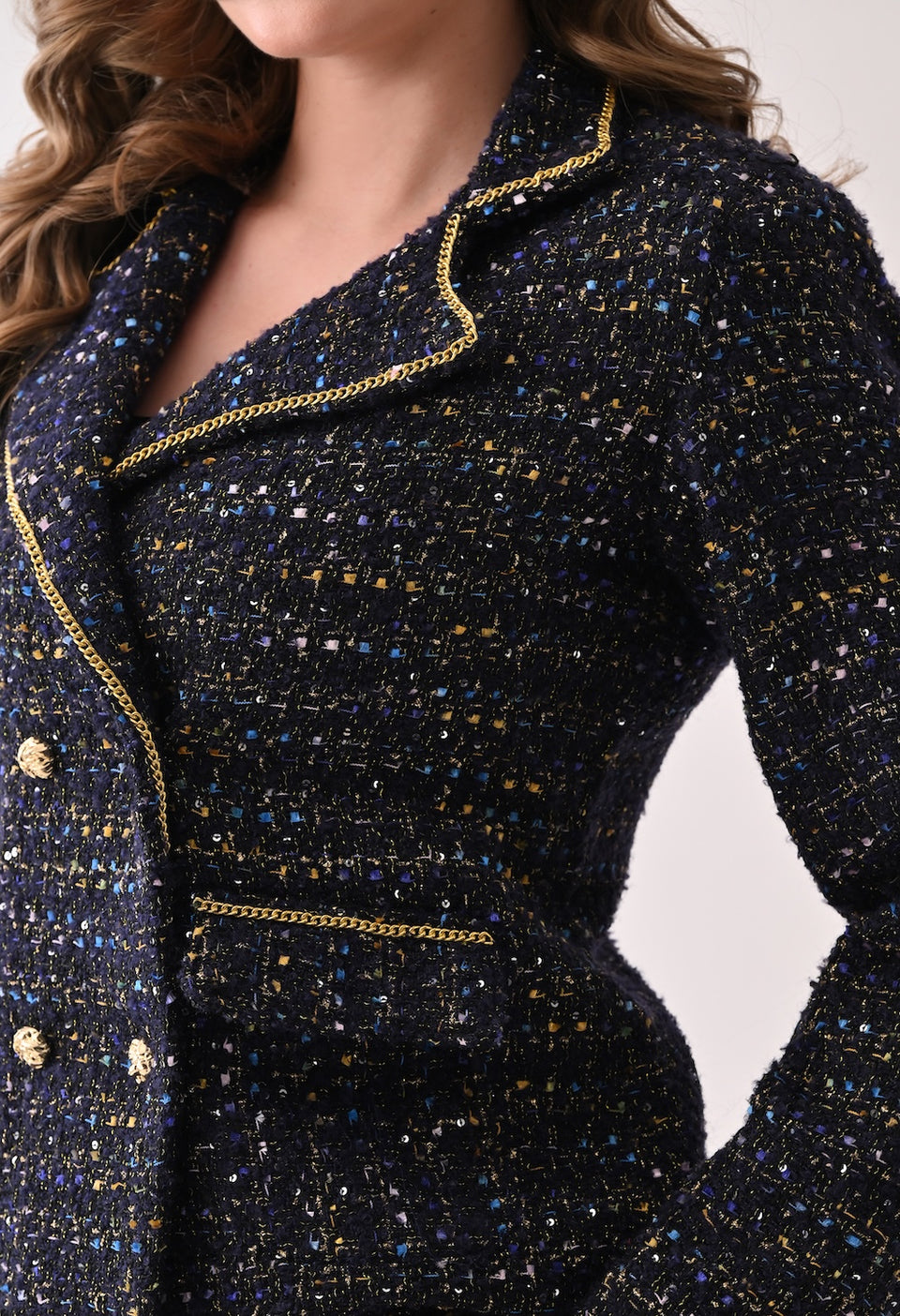 Blue tweed with sequins and chain detailed blazer