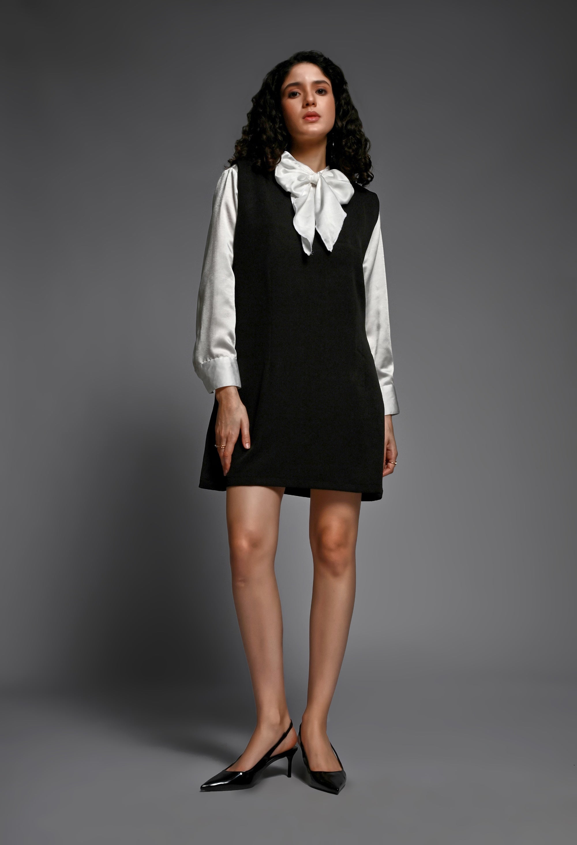 Black Short Dress with White Satin Bow Shirt