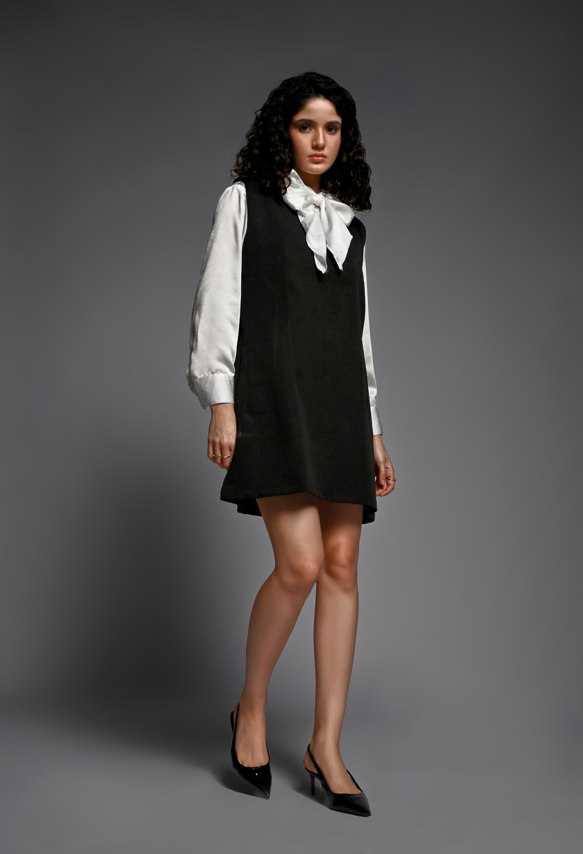 Black Short Dress with White Satin Bow Shirt