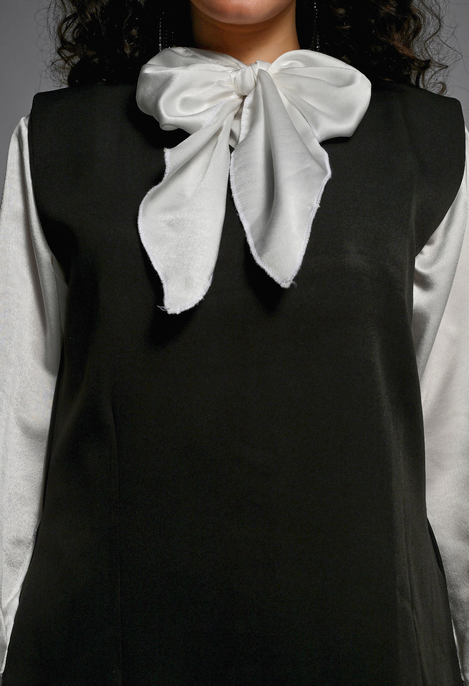 Black Short Dress with White Satin Bow Shirt