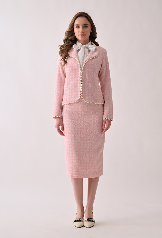 Pink tweed jacket with pearl trim and skirt set